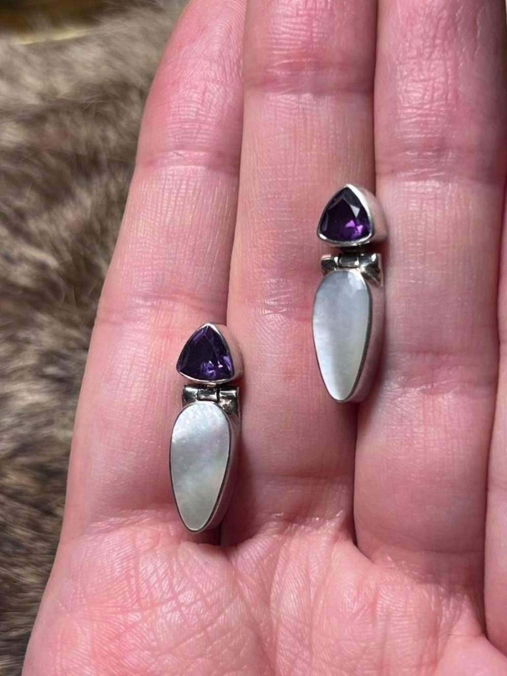 Sterling silver elegant Acleoni mother of pearl and amethyst earrings